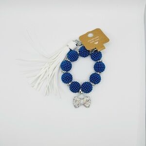 Bow-tastic - Blue and silver Beaded keychain with White Tassel